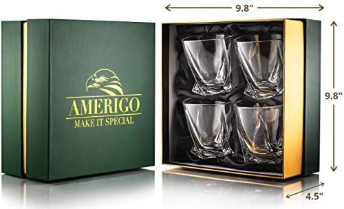Amerıgo Premium Viski Bardağı Lüks Hediye Kutusunda 4'lü Set-Viski, Bourbon ve Eski Moda Kokteyller için 10oz Büküm Viski Bardağı-Erkekler