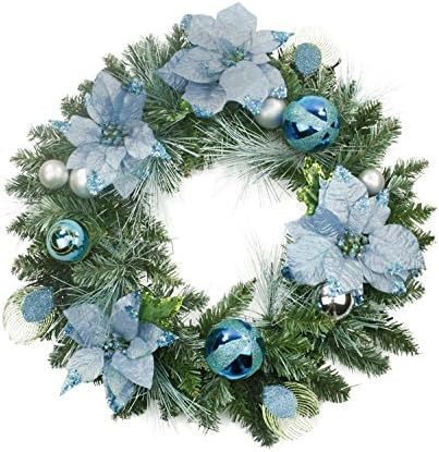 Northlight Önceden Dekore Edilmiş Tavus Kuşu Topları ve Poinsettias Yapay Noel Çelengi-Aydınlatılmamış, 24, Mavi
