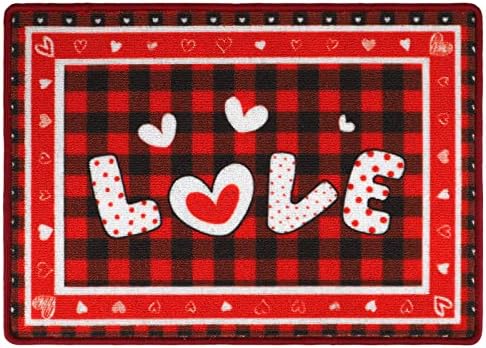 Aneco Sevgililer Kırmızı Aşk Paspas Kalp Baskı Buffalo Ekose Karşılama Paspas Kaymaz Dekoratif Giriş Kat Mat sevgililer Günü