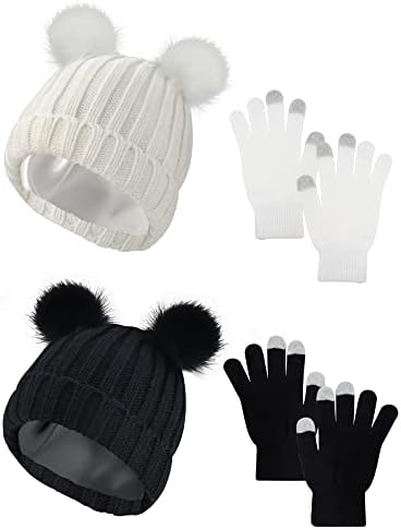 4 Parça Saten Çizgili Bere Şapka Dokunmatik Eldiven Set Siyah ve Beyaz Örme Ponpon Kış Sıcak Kapaklar ile Çift Faux Kürk Pom