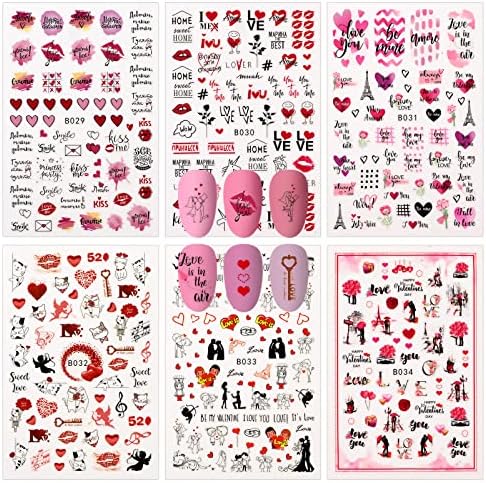 MWOOT 12 Levhalar Sevgililer Günü Nail Art Etiketler, Kırmızı Dudaklar Kalp Çiçek Desenleri Kendinden Yapışkanlı 3D Çıkartmalar,