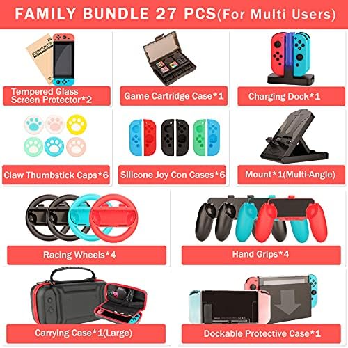 Switch Aksesuarları-Nintendo Switch için Aile Paketi Aksesuarları, Taşıma Çantası ve Ekran Koruyucusu, 4 Paket Joy Con Kulpları