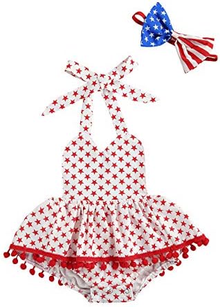 4 Temmuz Yenidoğan Bebek Kız Romper Giysileri Bağımsızlık Günü Kıyafet Amerika Bayrağı Halter Backless Püskül Tulum + Kafa