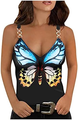Kadın yaz seksi V yaka kelebek baskı kolsuz dantel T-Shirt bluz rahat Cami Tank Top