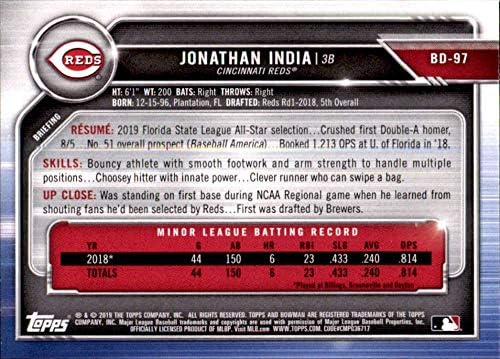 2019 Bowman Taslak BD-97 Jonathan Hindistan RC Çaylak Cincinnati Reds MLB Beyzbol Ticaret Kartı