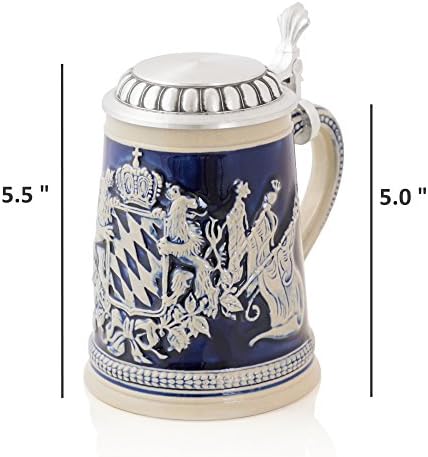 Alman Bira Stein Bayraklı aslanlar | / Metal Kapaklı Geleneksel Bavyera Bira Kupası / 0,5 litre (1 pt.) / mavi / Made in Germany