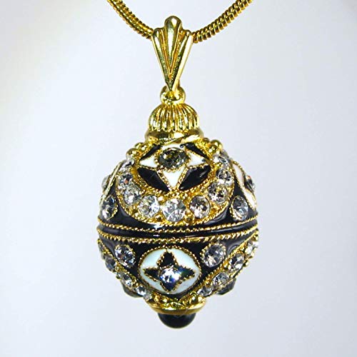 Rus Geleneksel Cloisonné Kolye Siyah Beyaz Emaye Faberge Tarzı Yumurta Kolye Gümüş Siyah Oniks Kristaller Altın Plaka 24 inç