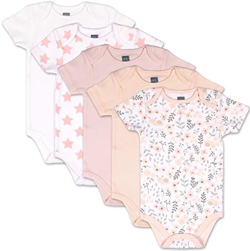 Kızlar için Fıstık Kabuğu Kısa Kollu Bebek Bodysuit Seti-5 Paket-Çiçek, Beyaz, Allık, Pembe Yıldızlar