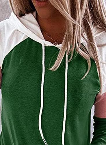 Dokotoo Womens Renk Blok Kazak Hoodie Cepler ile Uzun Kollu İpli Tişörtü Tops