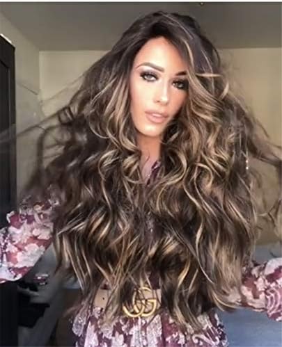 Andongnywell Uzun Kahverengi Dalgalı Kıvırcık insan saçı Dantel ön peruk HairComfortable Kadın Peruk Kahverengi ile Karışık