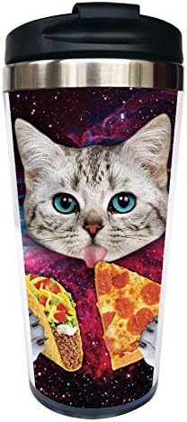 CUAJH Komik Sevimli Galaxy Kedi Pizza Seyahat Kahve Kupa yalıtımlı bardak ile Wrap Kapak ve Paslanmaz Kaplı için Kadın Erkek