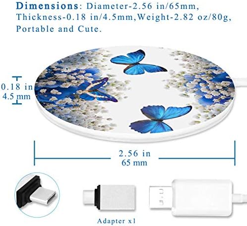 Mavi Kelebekler ve Çiçek Kablosuz Şarj Cihazı, Akıllı Telefon, Airpod'larla Uyumlu Qi Sertifikalı 10W Max Kablosuz Şarj Pedi