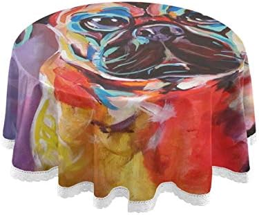 Olde İngilizce Bulldogge Renkli Yuvarlak Keten Masa Örtüsü Yerleşimi Dantel Kenar Masa Örtüsü Mutfak Yemek Dekorasyon için
