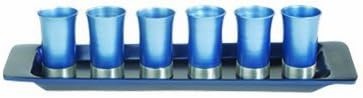 Yair Emanuel-Tepsi Mavi Renkli Kiddush için 6 Eloksallı Küçük Alüminyum Bardak Seti-Judaica (GS-6B)