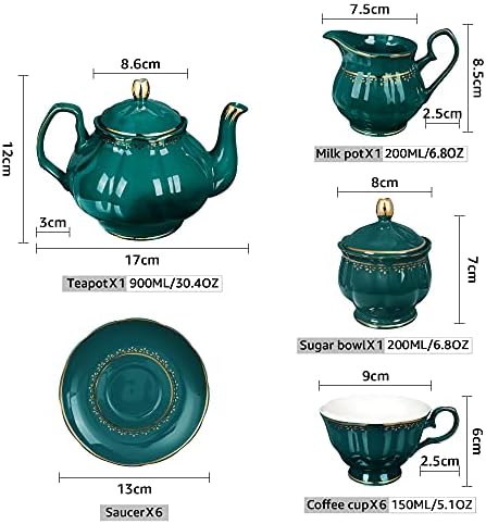 fanquare 21 Parça Vintage Porselen Çay Seti, 6 kişilik Koyu Yeşil Kahve Servisi, Çaydanlık, Süt Kabı, Şekerlik, Tabaklar ve