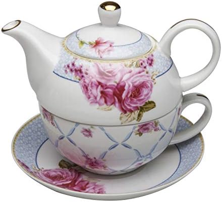 Grace Teaware Porselen 4'lü Çay (Mavi Kafes Pembe Gül)
