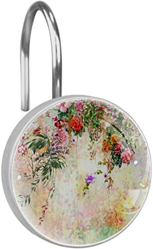 AİSSO 12 PCS duş perde kancası Yuvarlak Kristal Cam Çiçekler ve Ayçiçeği Suluboya Baskı Paslanmaz Çelik Haddeleme Kanca Ev