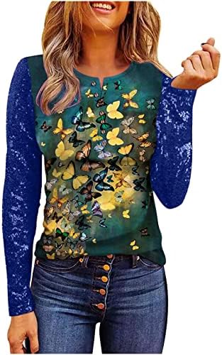 Kadın Düğme Aşağı Henley Gömlek Renkli Kelebek Baskı Gömlek Uzun Kollu Dantel Patchwork Rahat Nervürlü Örgü Gömlek Tops