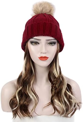 PDGJG Moda Bayanlar Saç Şapka Bir Kırmızı Örme Şapka Peruk Uzun Kıvırcık Vurgulayarak Kahverengi Peruk Şapka Bir