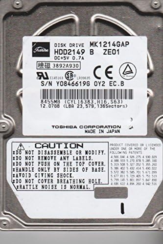 MK1214GAP, B0 / N0.15G, HDD2149 B ZE01, Toshiba 12 GB IDE 2.5 Sabit Disk