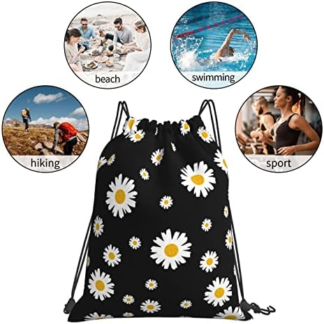 Beyaz Sarı Papatya Çiçek Siyah Unisex ipli sırt çantası Spor Alışveriş ipli çanta Spor Yoga Yürüyüş Seyahat Dans Hafif Çuval