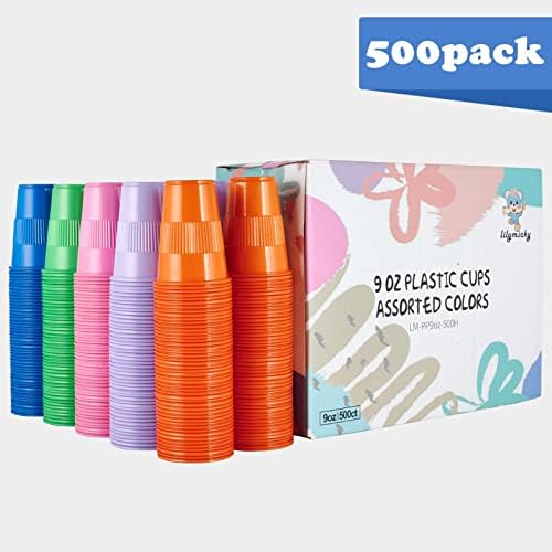 500 Paket 9 oz Plastik Bardak, Çeşitli Renklerde Tek Kullanımlık İçme Bardakları, 5 Renkli 9 oz Plastik Parti Bardakları, Piknikler,