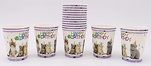 AMZPTBOY Kedi Doğum Günü Parti Malzemeleri ve Süslemeleri için 20 Konuk, Yavru Parti Tek Kullanımlık Sofra Kağıt Bardaklar