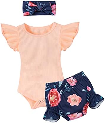 Bebek Kız Giysileri Çiçek Kollu Romper + Çiçek Kısa Pantolon 3 adet Yaz Kıyafeti Kayısı