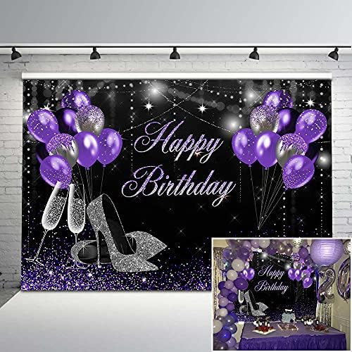 Avezano 7x5ft Mor ve Gümüş Doğum Günü Zemin Glitter Topuklu Şampanya Cam Balonlar Doğum Günü Afiş Kız Kadın Mutlu Doğum Günü