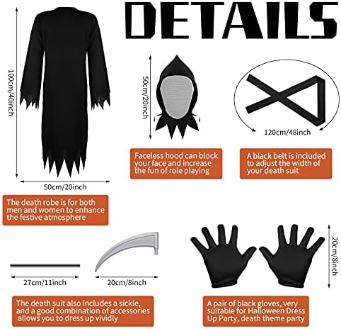 4 Parça Cadılar Bayramı Grim Reaper Kostüm Aksesuarları, Grim Reaper Tırpan Ölüm Tırpan Personel, Cosplay Siyah Robe Cloak