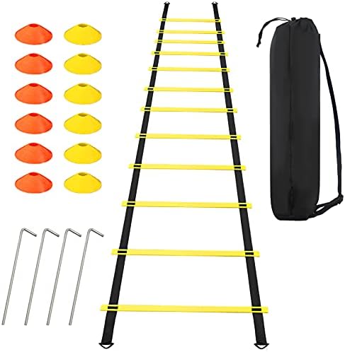 Gocamptoohız Çeviklik Merdiven Eğitim Seti ile 12 Basamak 20ft Çeviklik Merdiven & 12 Alan Konileri, 4 Çelik Stakes ve Taşıma