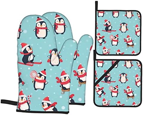 Kış Noel penguenler fırın eldiveni ve Pot sahipleri Setfor, ısıya dayanıklı su geçirmez kaymaz mutfak eldiven