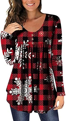 Bayan Noel Gömlek Uzun Kollu Crewneck Pilili Tunik Üstleri Ekose Baskılı Tişörtü Casual Düğmeler Bluzlar