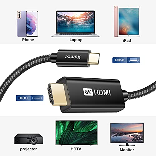 USB C'den HDMI Kablosuna (8K@30Hz), Xumee Tip C'den (Thunderbolt 3/4) HDMI Kablosuna 4K 120HZ, 48Gbps MacBook Pro 2020/2019,
