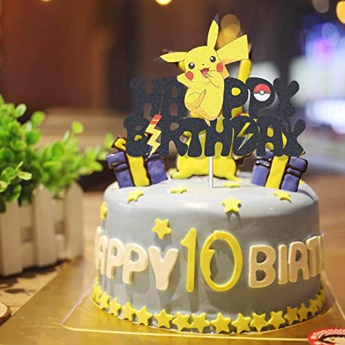 WirJouer Pikachu Kek Topper, Glitter Pikachu Mutlu Doğum Günü Kek Topper, Pokemon Gitmek Tema Parti Kek Dekor için Bebek Duş,