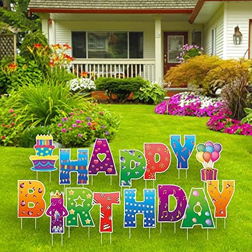 QUMMFA Büyük Boy 16 İnç Mutlu Doğum Günü Yard İşaretleri Mutlu Doğum Günü Pastası Balon Çim İşareti, 30 Kazık ile Kalın Hava