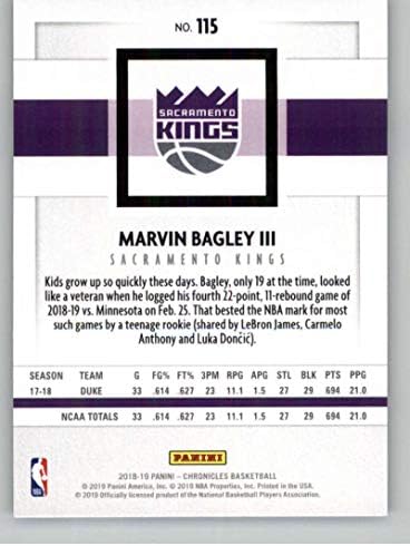 2018-19 Chronicles Baz Yeşil Basketbol 115 Marvin Bagley III Sacramento Kings Panini Amerika'dan Resmi NBA Ticaret Kartı