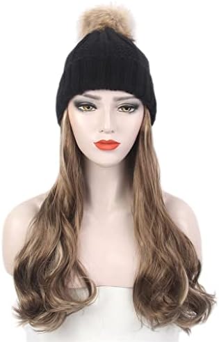 ZLDGYG Moda Avrupa ve Amerikan Bayanlar Saç Şapka Bir Siyah Örme Şapka Peruk Uzun Kıvırcık Kahverengi Peruk ve Şapka Bir