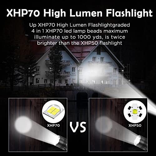 Sedioso LED Şarj Edilebilir Fenerler, XPH70 Taktik Fenerler Süper Parlak 9000 Yüksek Lümen, 5000 mAh 22650 Pil ile 7 El Feneri
