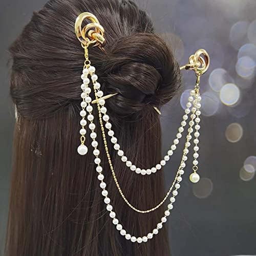 1 adet Saç Tokası Retro Saç Çatal Han Elbise Headdress Nunchaku Inci Alaşım Saç Tokası Tasarım Aracı Inci Püskül Saç Sopa Kadın