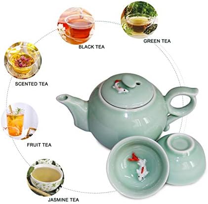 FEİZEMAO Çin Kung Fu Çay Seti El Boyalı Porselen (Demlik ile 6 Bardak) - Yeşil Teacups Koi Balık Tasarım (Beyaz)