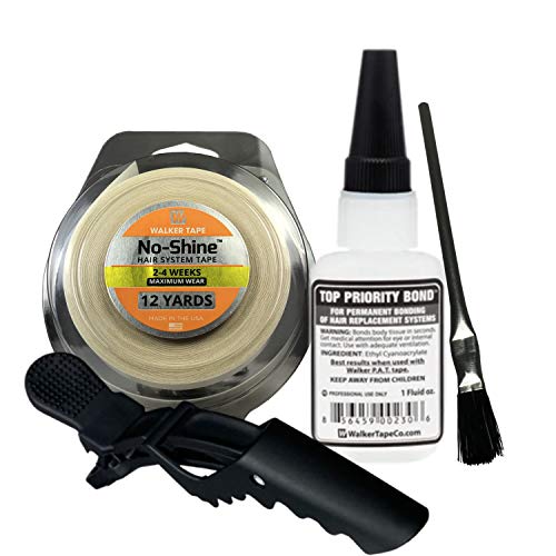 No-Shine Yapıştırma Rulosu 1/2 X 12 YDS Saç Sistemi Bandı ve En Öncelikli Bağ 1oz w/Fırça ve Saç Tokası Koruyucu Paket Paketi