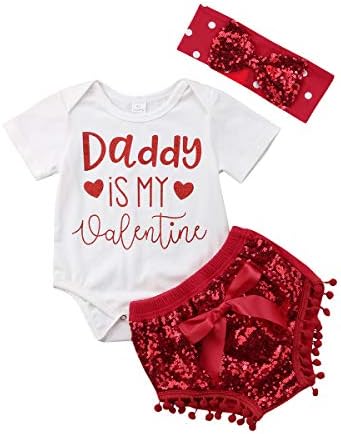 Yenidoğan Bebek Kız sevgililer Günü Kıyafetler Baba Benim Sevgililer Romper Bodysuit Pullu Şort Kafa Seti 0-24 M