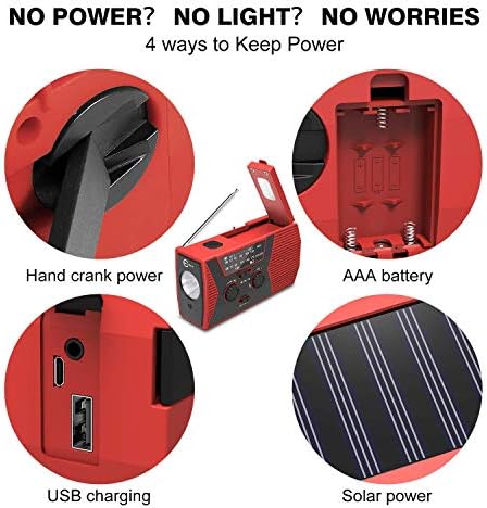 AM/FM,3 LED El Feneri,6 LED Okuma Lambası Kulaklık Jakı,2000mAh Güç Bankası USB Şarj Cihazı ve SOS Alarmı (Kırmızı)ile Ev ve