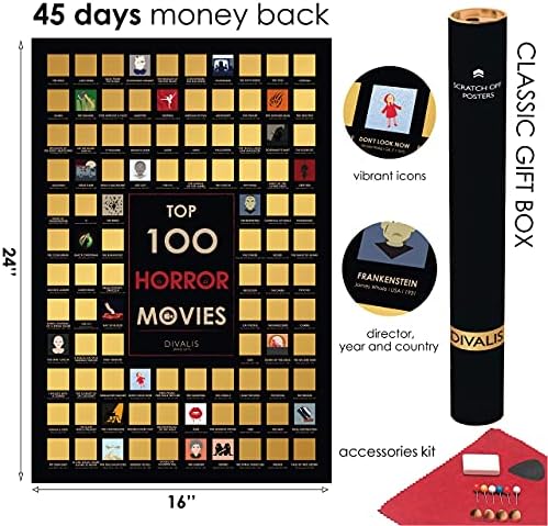 En İyi 100 Korku Filmi Scratch off Poster-Büyük Sinema Çizilebilir Poster-Tüm Zamanların Korku Filmleri Kova Listesi-24x16