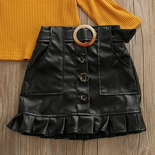 Bebek Kız Uzun Kollu Düz Renk örgü T-Shirt Üst: A-Line Mini Düğme deri Etek Sonbahar Kış Etek kıyafet Seti.