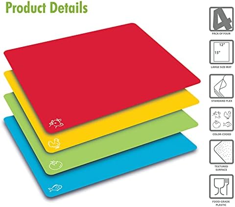 Ekstra Kalın Esnek Plastik Kesme Tahtası Paspasları, 4'lü Set, Gıda Simgeleri ile Renk Kodlu, Daha İyi Mutfak Ürünleri ile