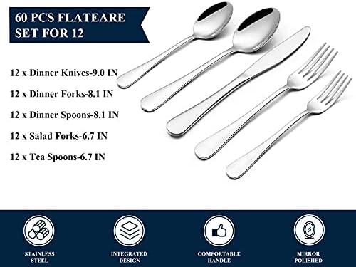 12 Kişilik 60 Adet Gümüş Set Servis, Ev ve Restoran için Yoehka Paslanmaz Çelik Sofra Takımı Çatal Bıçak kaşık Seti, Dayanıklı