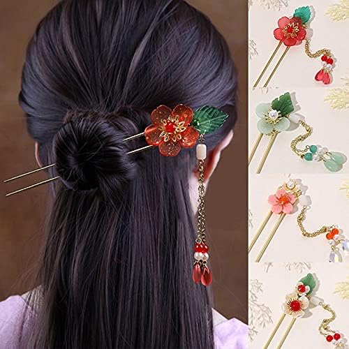 Çin Çiçek Saç Tokası Kristal Saç Çatal Vintage İnci Boncuklu saç tokası Sopa saç takı Uzun Püskül saç tokası Kadınlar için(F)
