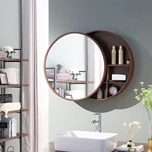 LTINN Yuvarlak Banyo Aynası Dolabı, Banyo Duvar Depolama Dolabı, Yavaş Kapanmalı Ahşap Çerçeveli, Ayna Ecza Dolabı